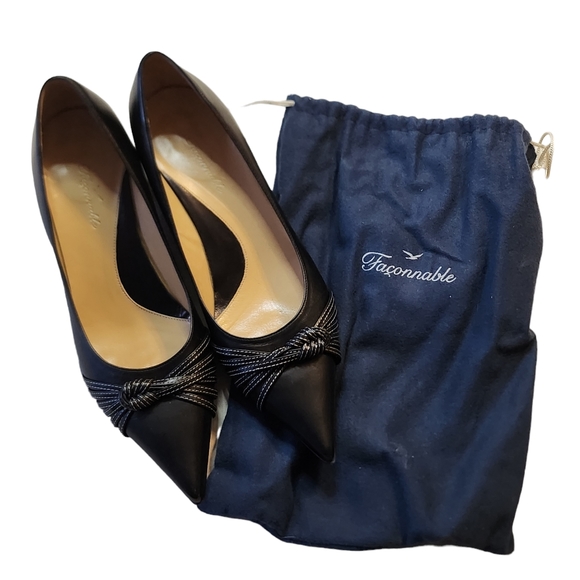 Faconnable Giselle-Lea Black Leather Pointy Toe Kitten Heels Size 8.5M - Picture 3 of 12